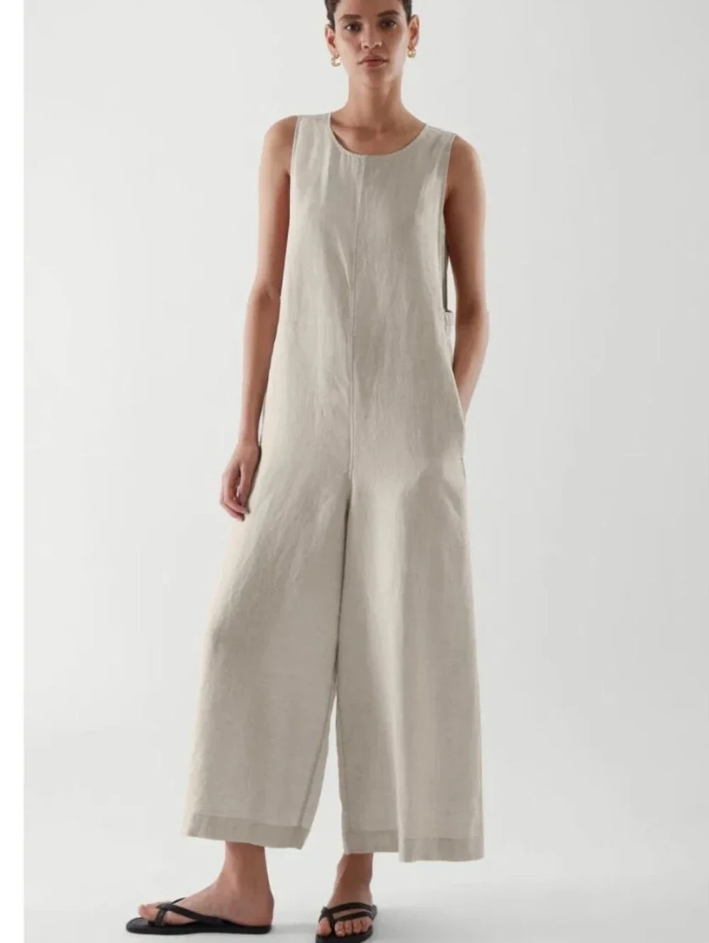 COS 100% Linen Sleeveless Wide-Leg Oversized Jumpsuit in Natural Size XS